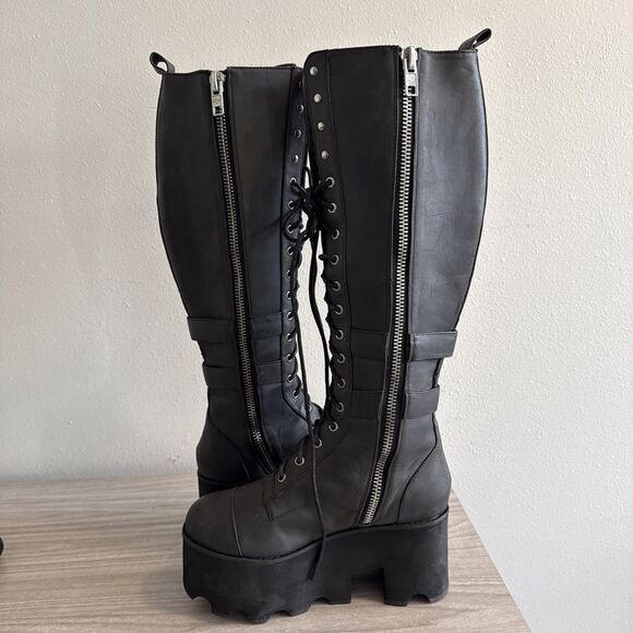 Current Mood Black Leather Tall Combat Platform Boots Lace-Up Zip Womens Size 7 - Picture 7 of 11